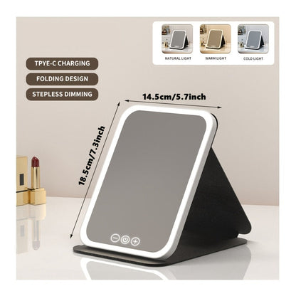 Makeup Mirror Foldable LED Travel Stand with Three Light Colors, Touch Dimming, USB Charging and Pink or White Options