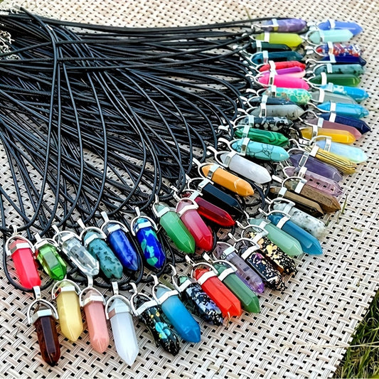 Crystal Natural Stone Pendant Necklace Set Bulk 60Pcs 30Sets Hexagonal Shaped Assorted Color for Jewelry Making Craft DIY Daily Wear Gift