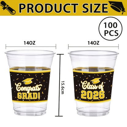 Graduation Cup Party Supplies Pack with 100 14-Ounce Class of 2026 Cups in Six Color Options