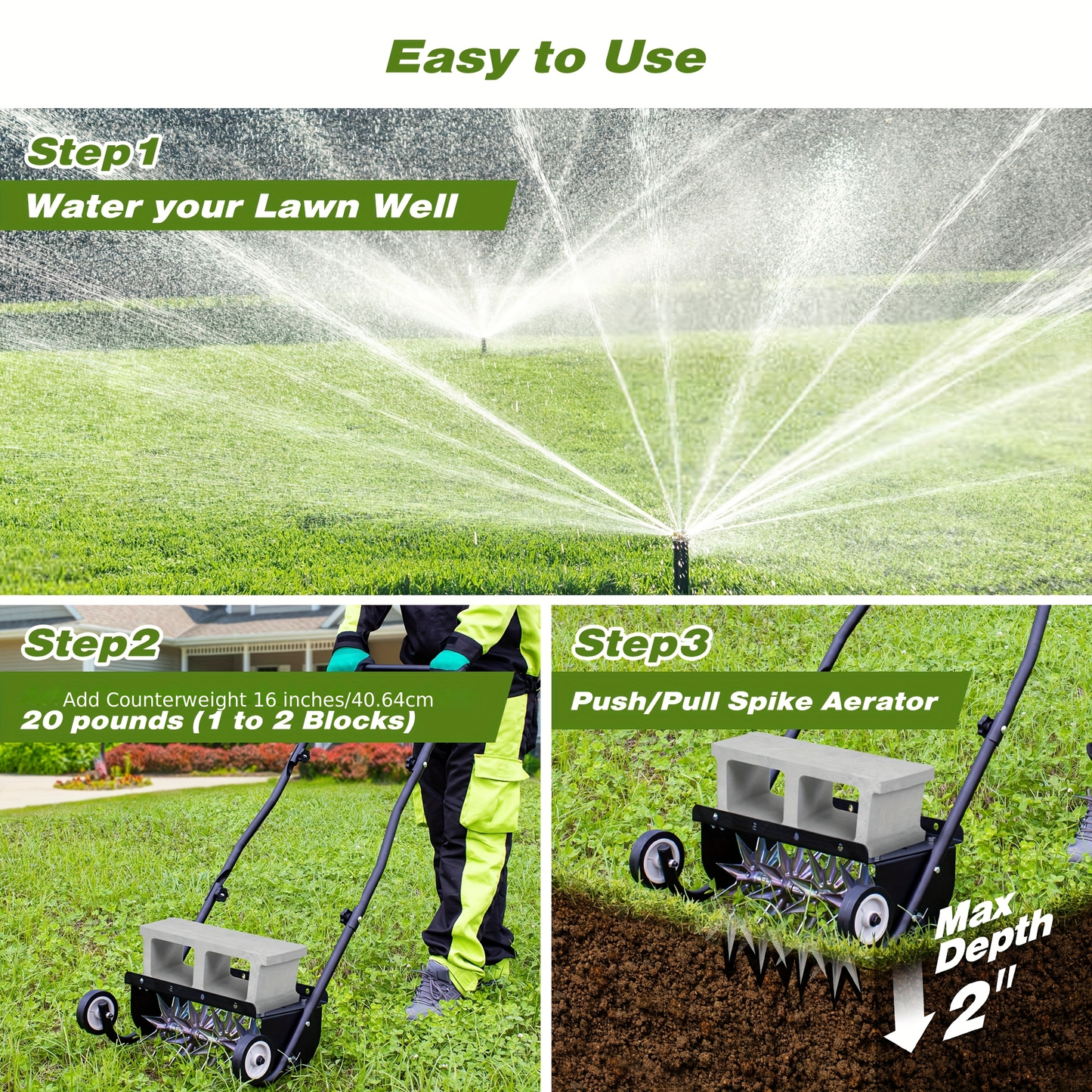 Rolling Lawn Aerator Push Spike 16.5" Heavy Duty with 5-Star Steel Tines, Weight Tray & Steel Handle for Deep Soil Aeration, Lawn Garden Yard Grass Care