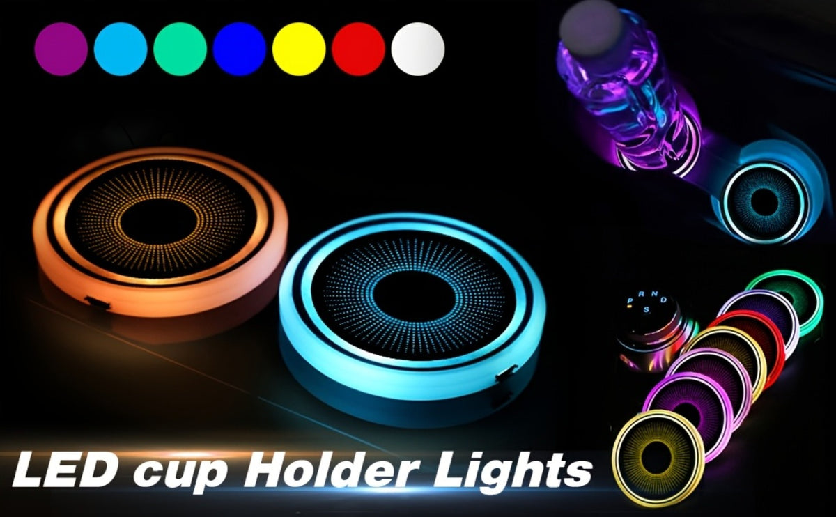 LED Neon Car Cup Holder Coasters – 7 Color USB Rechargeable Glowing Cup Mats, Ambient Light for Car Interior, Bar & Home Decor (Set of 2, Devil's Eye Design)
