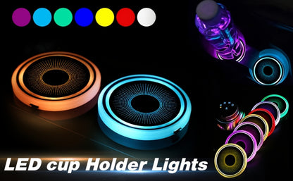 LED Neon Car Cup Holder Coasters – 7 Color USB Rechargeable Glowing Cup Mats, Ambient Light for Car Interior, Bar & Home Decor (Set of 2, Devil's Eye Design)