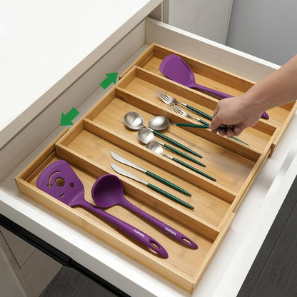 Cutlery Tray Kitchen Organizer Expandable Bamboo Drawer Divider with 5-Slot, 9-Slot or Two-Pack Options