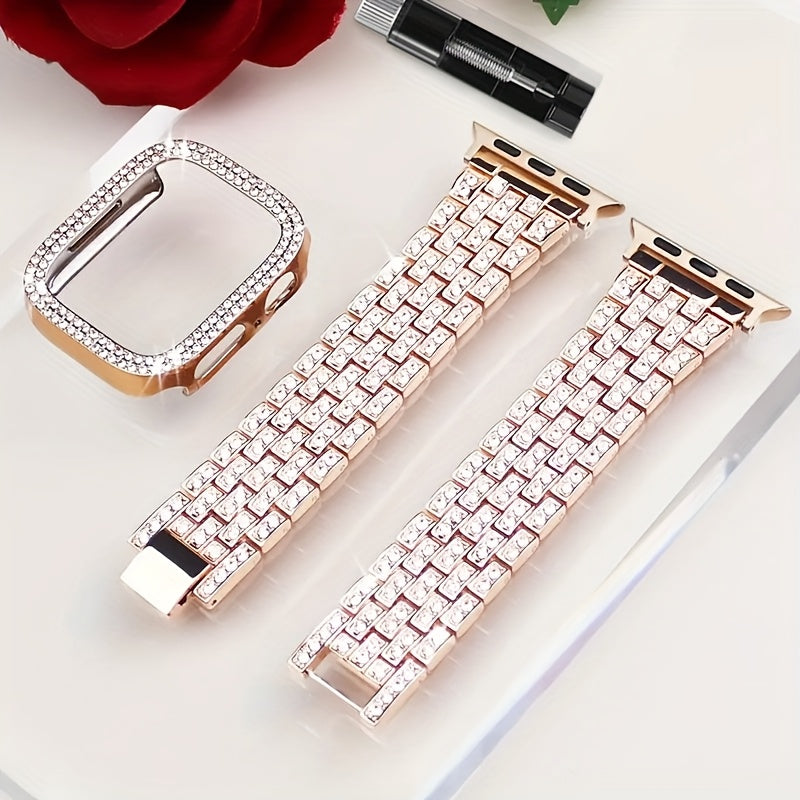 Rhinestone Diamond Bling Apple Watch Band for Women Girls – Five-Point Diamond Double-Row Crystal Strap Compatible with Apple Watch Ultra 2 Series 10 9 8 7 6 5 4 3 2 1 SE 38 40 41 42 44 45 49mm Gift