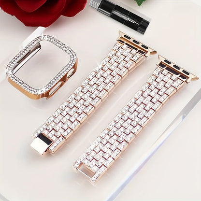 Rhinestone Diamond Bling Apple Watch Band for Women Girls – Five-Point Diamond Double-Row Crystal Strap Compatible with Apple Watch Ultra 2 Series 10 9 8 7 6 5 4 3 2 1 SE 38 40 41 42 44 45 49mm Gift
