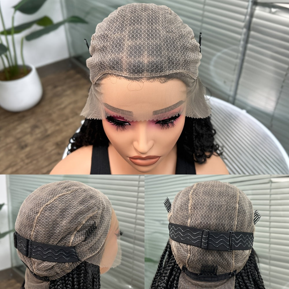 Goddess Braided Wig Knotless Bohemian Square Braid Full Lace Curly Wave 14-16 Inch Black Burgundy Brown Natural Hairline Protective Style Synthetic Wig for Women