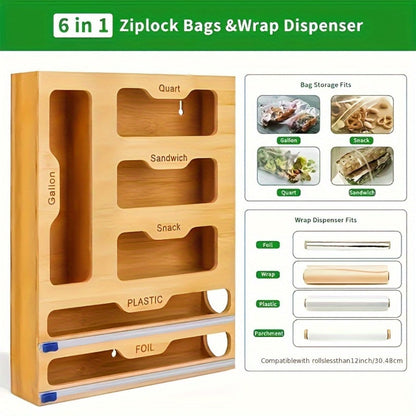 Foil and Bag Dispenser Kitchen Organizer 6-in-1 Bamboo Drawer Box with Built-In Cutter for Home Storage