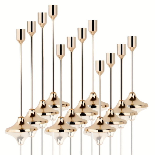 Candle Holder Set 12-Piece Metal Taper Stands in Three Heights with Gold, Silver or Black Finish Options