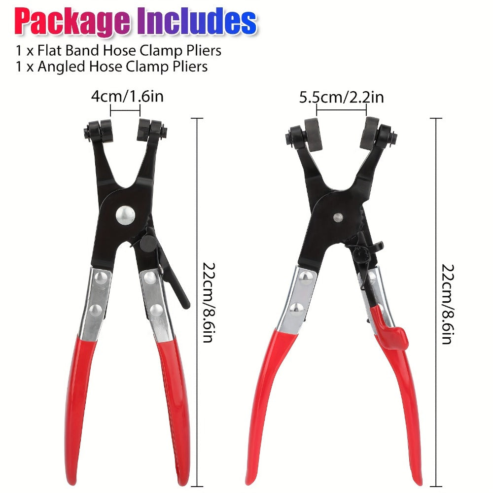 Hose Clamp Pliers Set 2pc – Angled Swivel Jaw, Locking, Spring-Loaded, Manganese Steel, Fits Ring & Flat Band Clamps for Automotive Fuel Coolant Hose Repair (215mm)