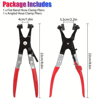 Hose Clamp Pliers Set 2pc – Angled Swivel Jaw, Locking, Spring-Loaded, Manganese Steel, Fits Ring & Flat Band Clamps for Automotive Fuel Coolant Hose Repair (215mm)