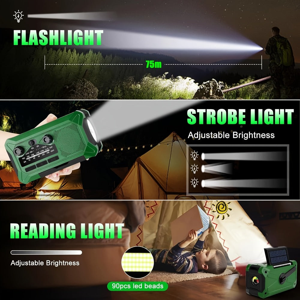 10000mAh AM/FM Emergency Radio with Solar Panel, Hand Crank, Reading Light and Yellow or Green Case