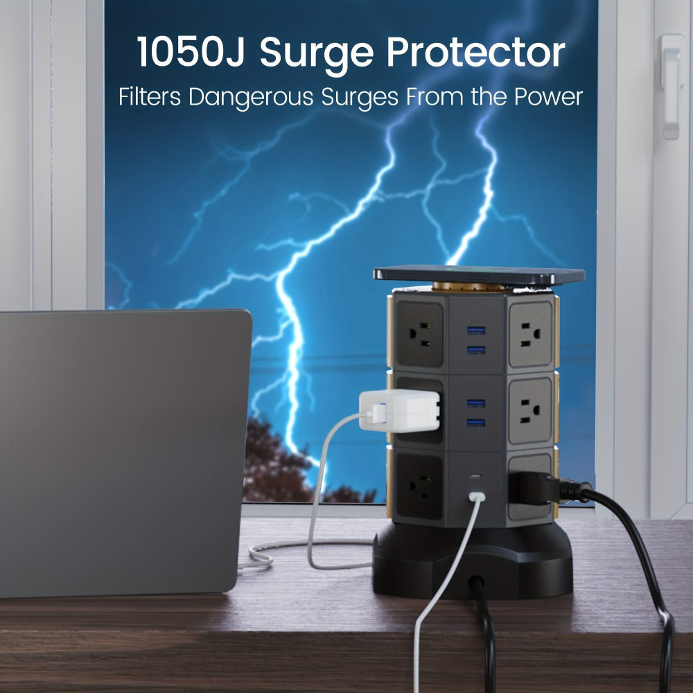 Power Strip Tower with 12 AC Outlets, 4 USB-A, 2 USB-C, 15W Magnetic Wireless Charger and 5.5-Foot Retractable Cord
