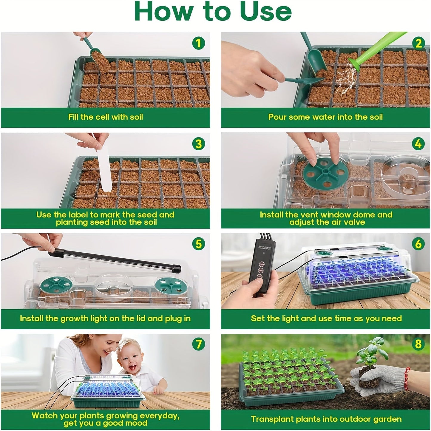 Seedling Starter Tray with Grow Light 4pcs 160-Cell | Adjustable Brightness & Timer | Humidity Dome | Seed Germination Kit for Indoor Vegetables Flowers
