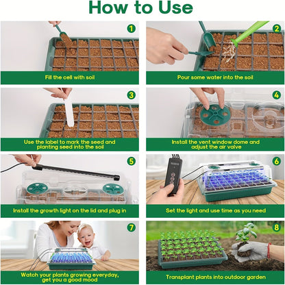 Seedling Starter Tray with Grow Light 4pcs 160-Cell | Adjustable Brightness & Timer | Humidity Dome | Seed Germination Kit for Indoor Vegetables Flowers