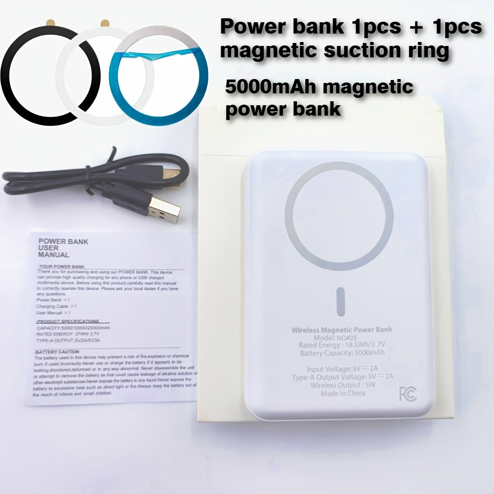 5000mAh-Labeled Magnetic Wireless Power Bank with White Ring Bundle or Blue Upgrade Option