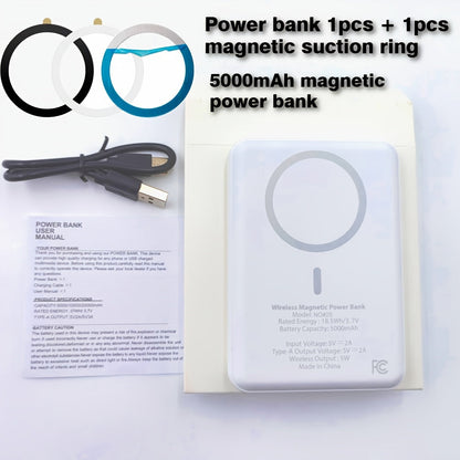 5000mAh-Labeled Magnetic Wireless Power Bank with White Ring Bundle or Blue Upgrade Option