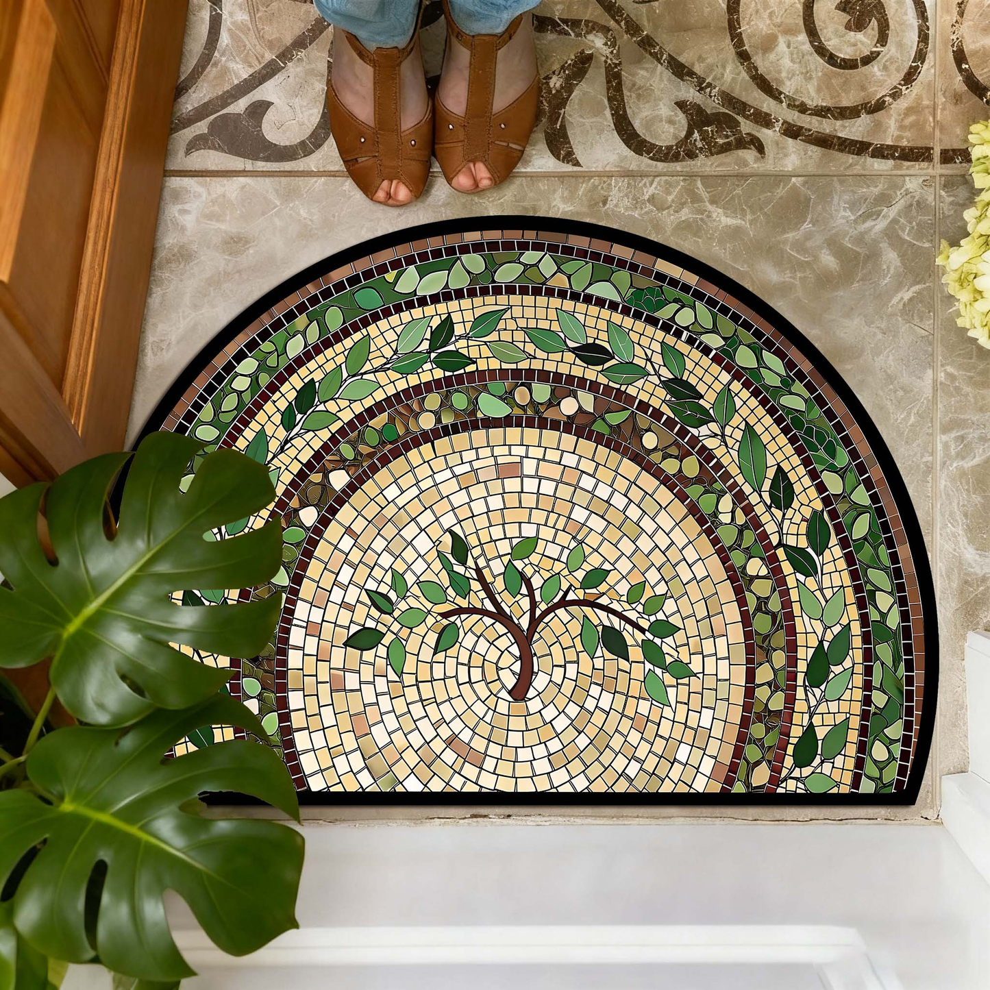 Semicircle Mosaic-Vine Floor Rug with Pictured Green and Cream Pattern in 23.62-by-35.4-Inch Size