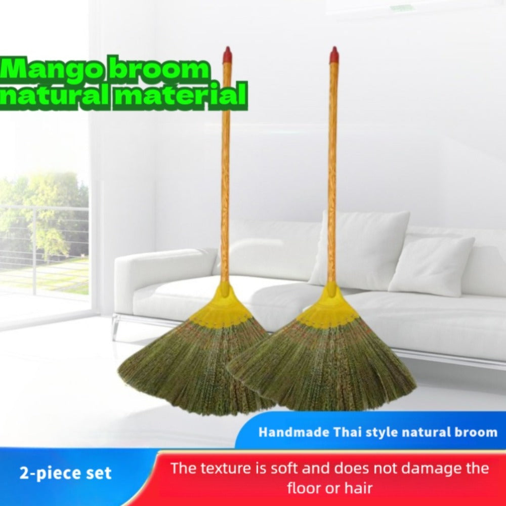 Extra-Long Miscanthus Broom with Soft Full-Length Bristles and Yellow Wrapped Handle for Home Sweeping