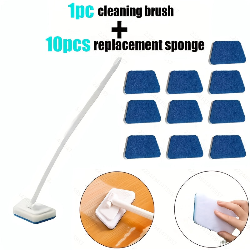 Long Handle Sponge Brush Set with Replaceable Heads for Kitchen Bathroom Tile Bathtub Cleaning – 1 Handle + 6/10/15 Brush Heads, Thickened Durable Scrubber
