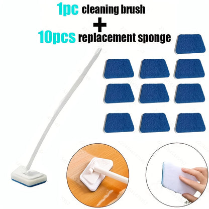 Long Handle Sponge Brush Set with Replaceable Heads for Kitchen Bathroom Tile Bathtub Cleaning – 1 Handle + 6/10/15 Brush Heads, Thickened Durable Scrubber