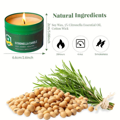 Citronella-Labeled Candle Six-Pack with 4.4 oz Green Round Tins, Gold-Tone Lids and Single-Wick Format
