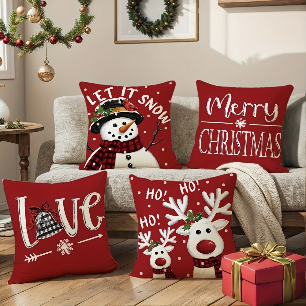 Four-Piece Christmas Pillow Cover Set, 17.72 x 17.72 Inches with Reindeer, Snowman and Holiday Typography