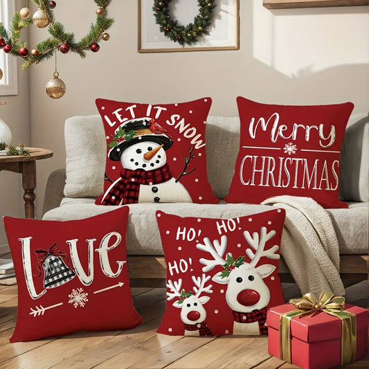 Christmas Throw Pillow Covers 4pcs Set 18x18 | Reindeer Snowman Buffalo Plaid Cushion Covers, Winter Holiday Farmhouse Home Decor, Sofa Couch Porch Patio, No Insert