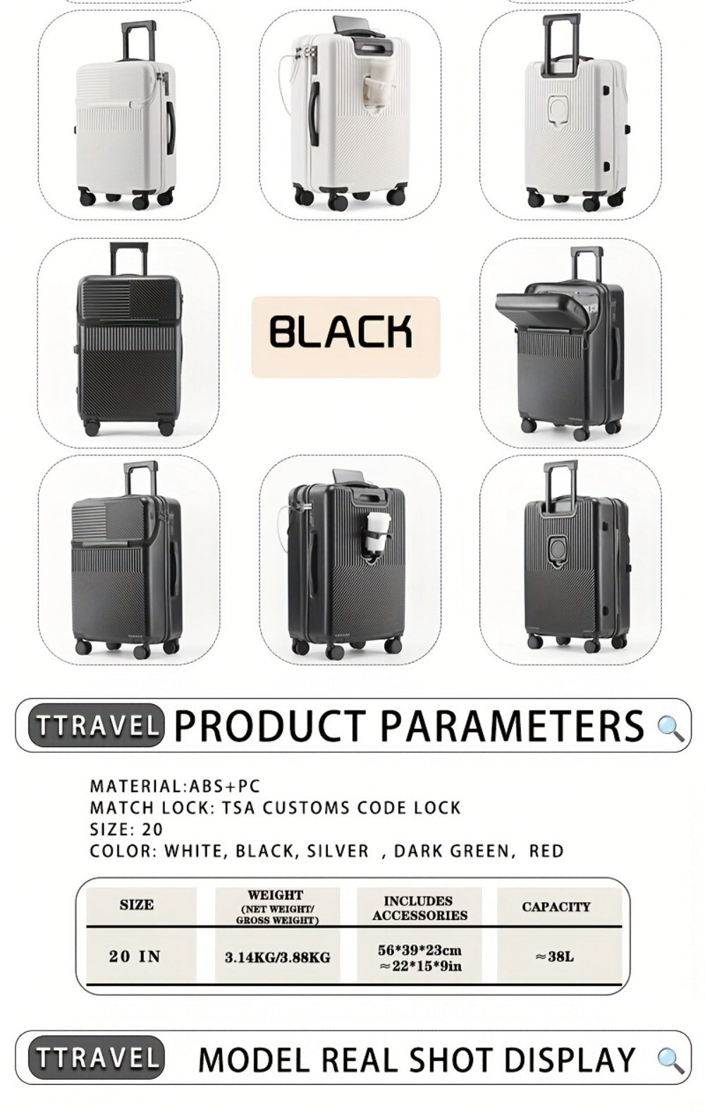 Carry On Luggage – 20 Inch, USB Charging, Spinner Wheels, for Travel – detail view 19