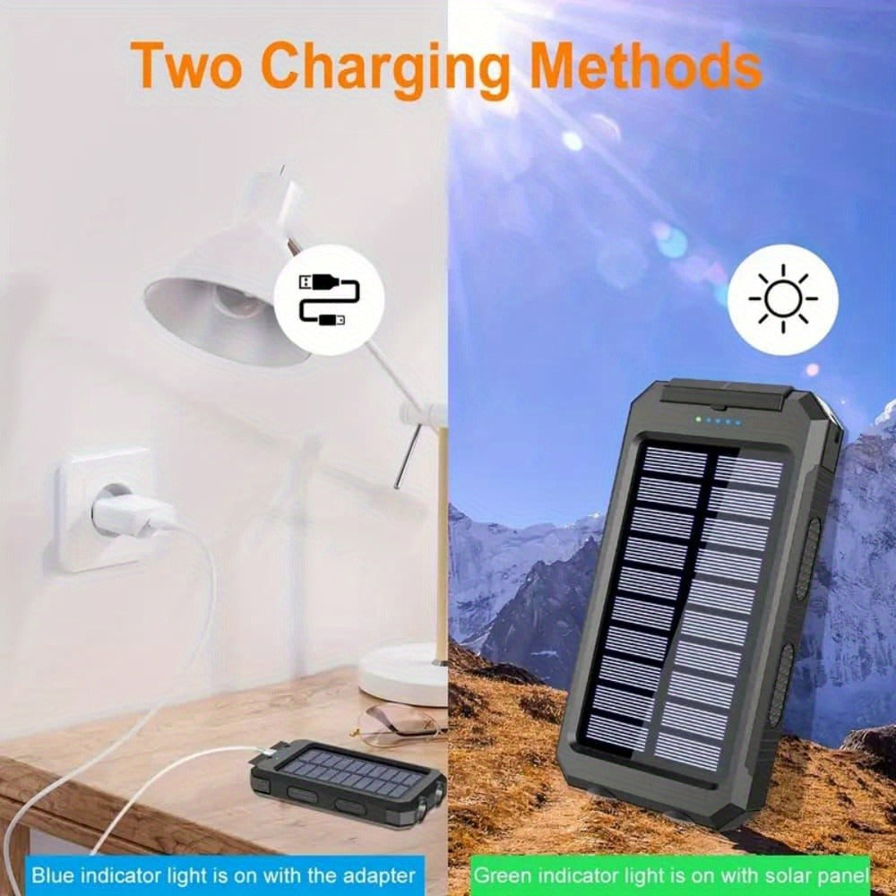 Solar Power Bank, 50000mAh Dual-USB Charger with Solar Panel, Dual LED Flashlights, Compass and Four Colors