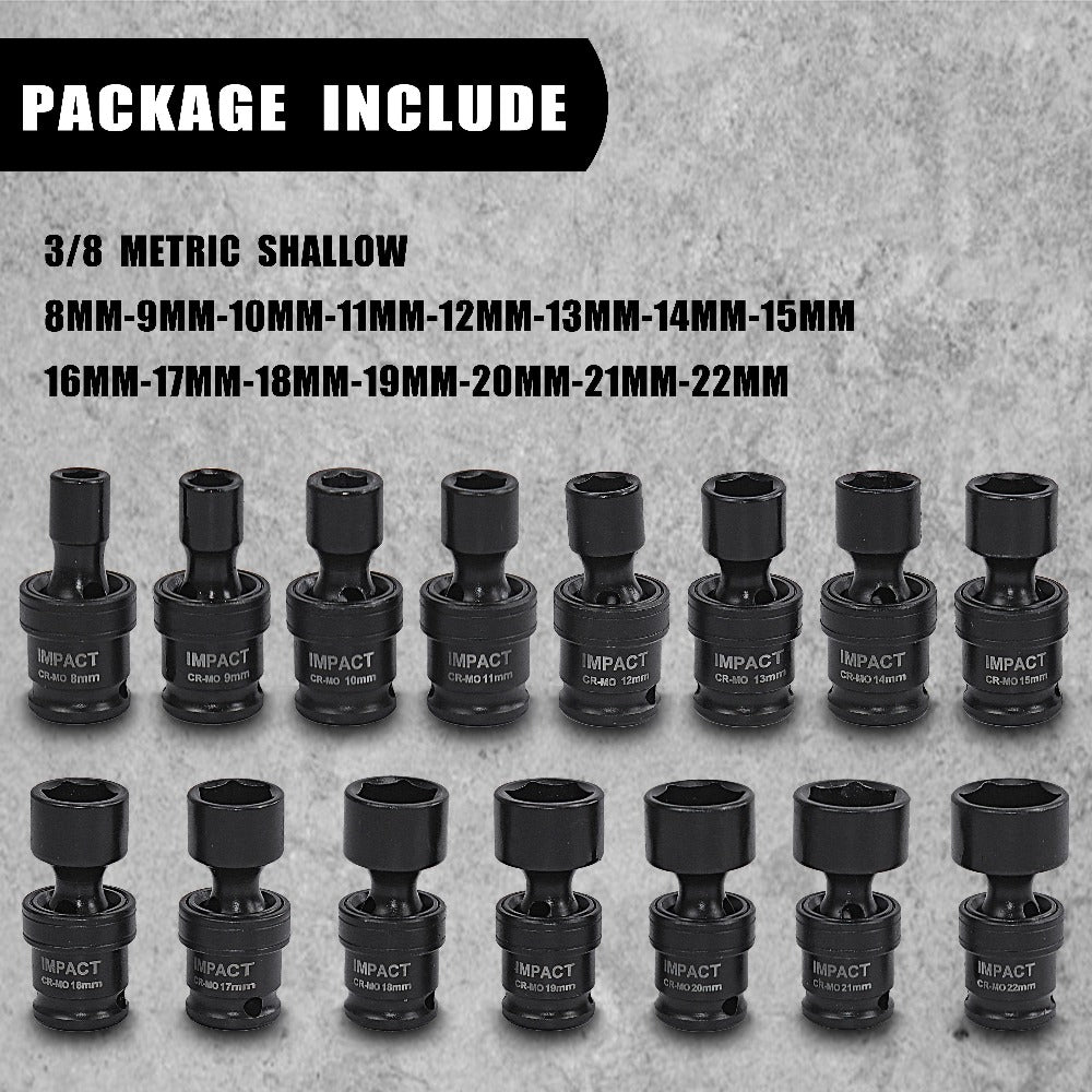 Impact Socket Set 3/8" Drive, 15-Piece Swivel Impact Universal Socket Set & 17+1 Piece Accessory Set, 8mm-22mm Cr-Mo Steel with Black Phosphate Finish, Professional Tool Kit for Home & Auto Repair
