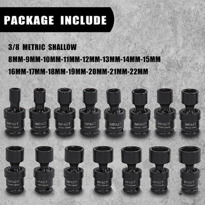 Impact Socket Set 3/8" Drive, 15-Piece Swivel Impact Universal Socket Set & 17+1 Piece Accessory Set, 8mm-22mm Cr-Mo Steel with Black Phosphate Finish, Professional Tool Kit for Home & Auto Repair