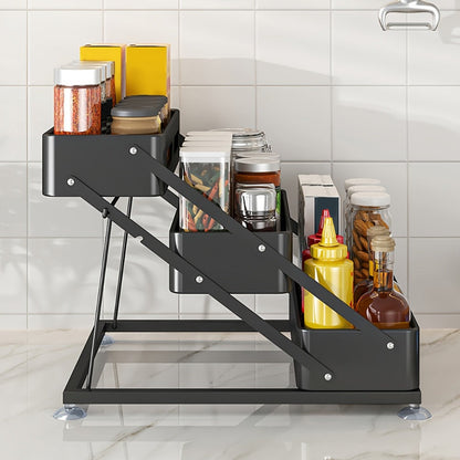 Three-Tier Foldable Spice Rack Organizer in Black or White with Front Rails and Side Supports