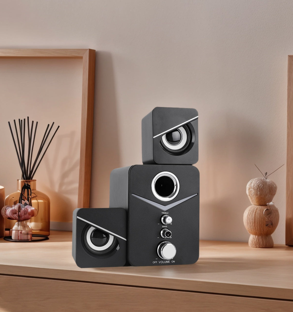 3-Piece Desktop Speaker System with Subwoofer | USB Powered PC Speakers, 3.5mm Audio Jack, Independent Bass & Treble Control, Blue LED Light – Stereo Sound for PC, Laptop, Mac & Home Office