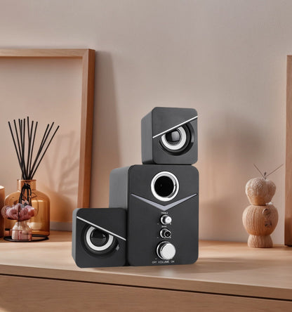 3-Piece Desktop Speaker System with Subwoofer | USB Powered PC Speakers, 3.5mm Audio Jack, Independent Bass & Treble Control, Blue LED Light – Stereo Sound for PC, Laptop, Mac & Home Office