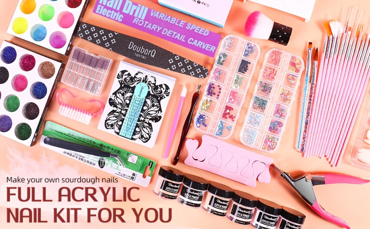Acrylic Nail Kit with 36W UV LED Lamp, Electric Drill, Three Powders, Glitter Colors, Tips and Manicure Tools