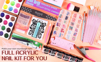 Acrylic Nail Kit with 36W UV LED Lamp, Electric Drill, Three Powders, Glitter Colors, Tips and Manicure Tools