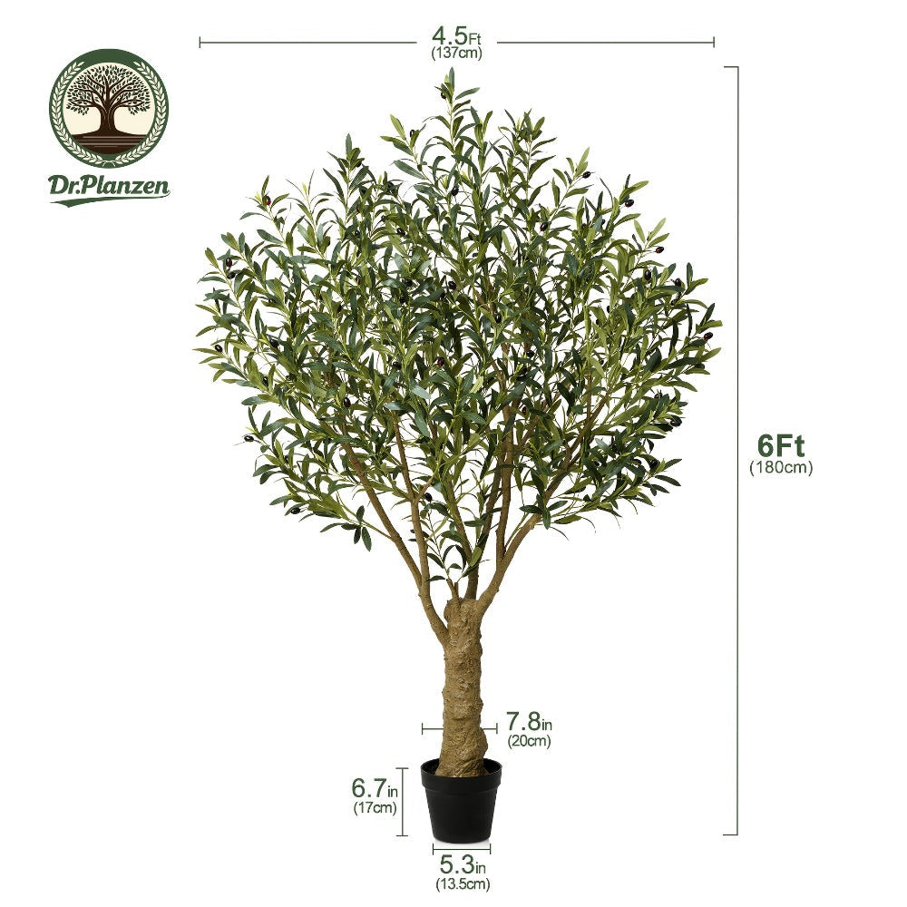 Potted Olive Artificial Tree with 5, 6, 7 and 8 ft Height Options, Black Planter and Branching Green Leaves