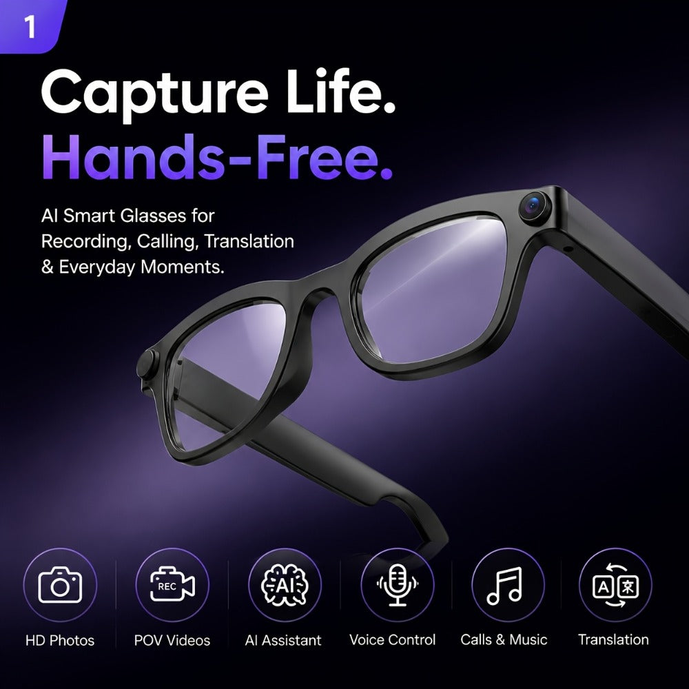 Smart Glasses 2MP Camera Eyewear with 100+ Language Translation, Bluetooth Calls and Black or Clear Lenses