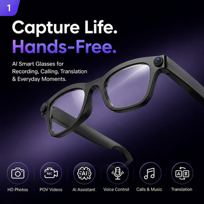 Smart Glasses 2MP Camera Eyewear with 100+ Language Translation, Bluetooth Calls and Black or Clear Lenses