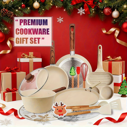 Non-Stick Cookware Set 7 12 & 15 Piece Induction Compatible – Frying Pan Steamer Silicone Spatula & Tongs | Complete Pots and Pans Cooking Set | Perfect Wedding Housewarming Gift for Friends