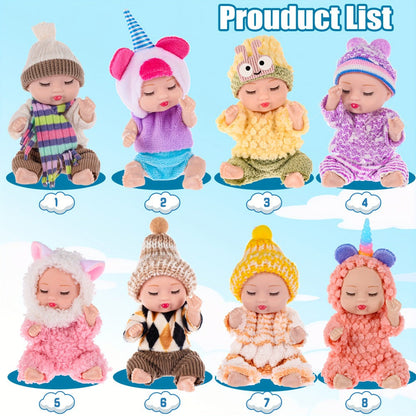 Eight Mini Baby Dolls with 4-Inch Checkout Size, Assorted Knit Animal Outfits and 10.24-Inch Display Box