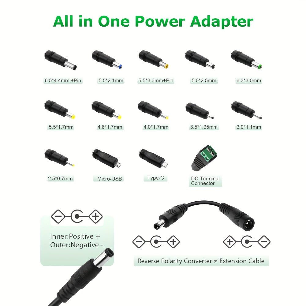 Adjustable 3–24V AC/DC Power Adapter with 72W Label, LCD Readout, Knob Control and Connector Set
