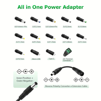 Adjustable 3–24V AC/DC Power Adapter with 72W Label, LCD Readout, Knob Control and Connector Set