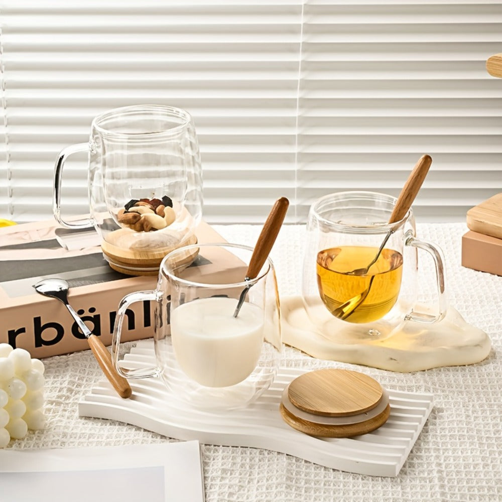 Four-Piece Double-Wall Glass Coffee Cup Set with 350 ml Capacity, Wooden-Style Lids and Spoons