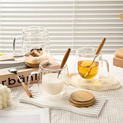 Four-Piece Double-Wall Glass Coffee Cup Set with 350 ml Capacity, Wooden-Style Lids and Spoons