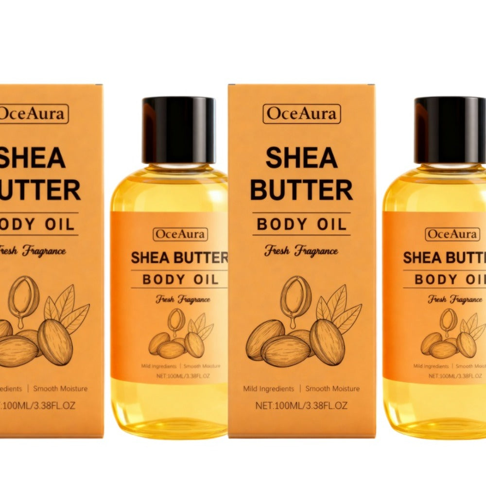 Shea Butter Body Oil, Two-Piece Set of 100ml Flip-Top Bottles with Coordinated Orange Labels