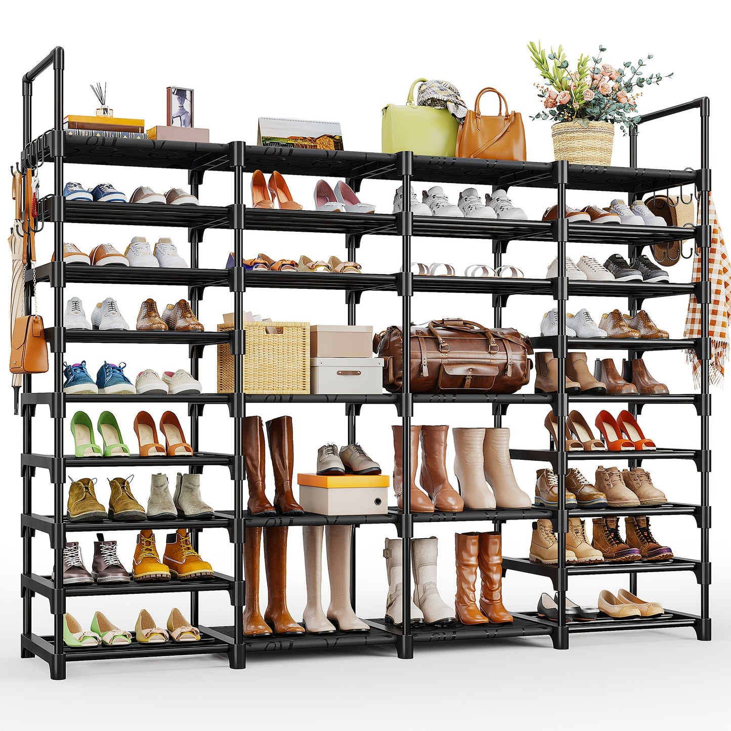 Shoe Rack 4-Row 9-Tier Metal Organizer for Up to 64 Pairs with Modular Black Freestanding Design