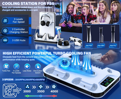 Black Console Cooling Stand Compatible with PS5, Slim and Pro Models, Three Fan Speeds and Dual Controller Dock