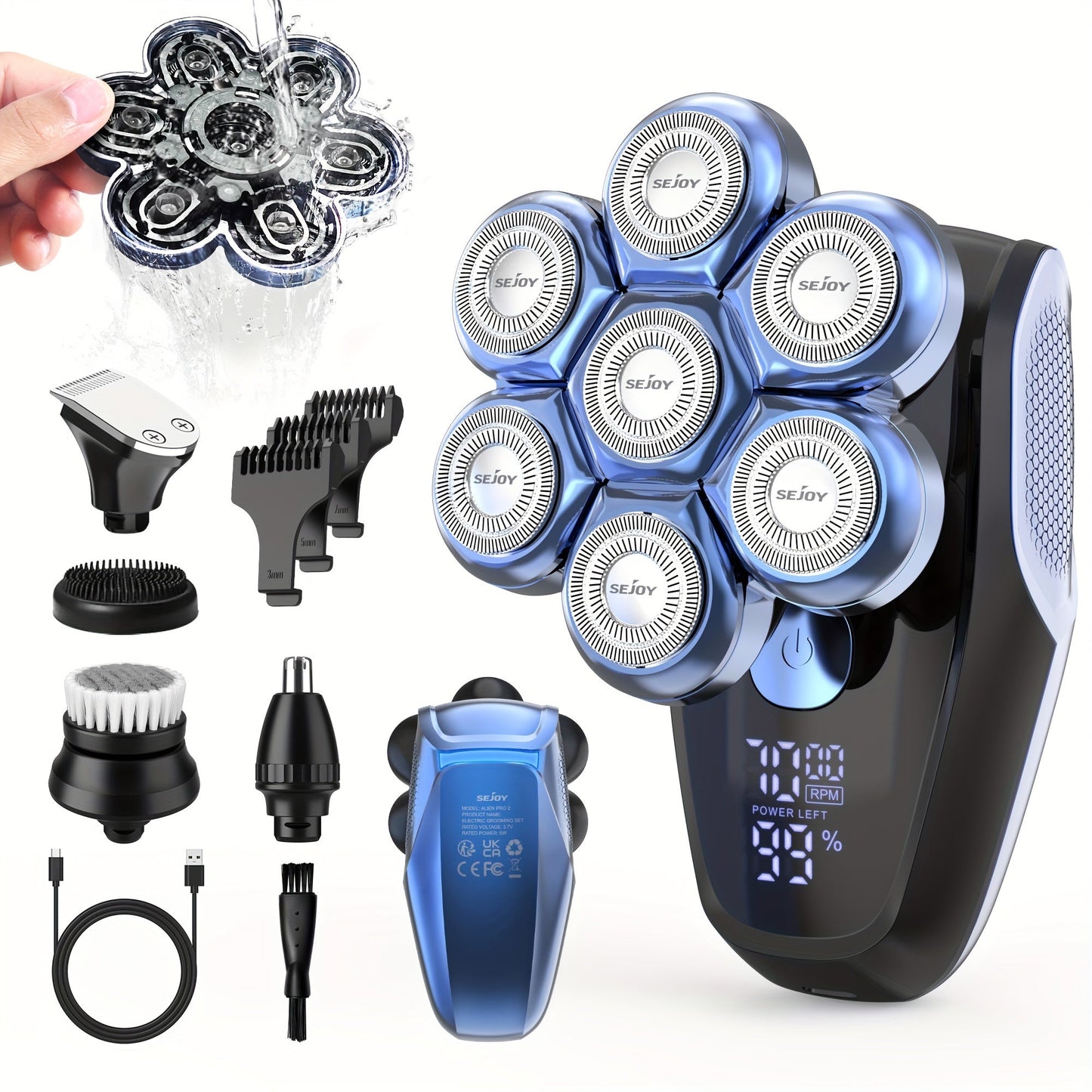 Electric Head Shaver for Bald Men 7D 7 Floating Heads — All-in-One Grooming Kit with Nose Hair Trimmer & Facial Cleaning Brush, 1.5H Fast Charging, Travel Lock, Rechargeable Men's Razor Gift Set (Blue/Black/Gold/Coffee)