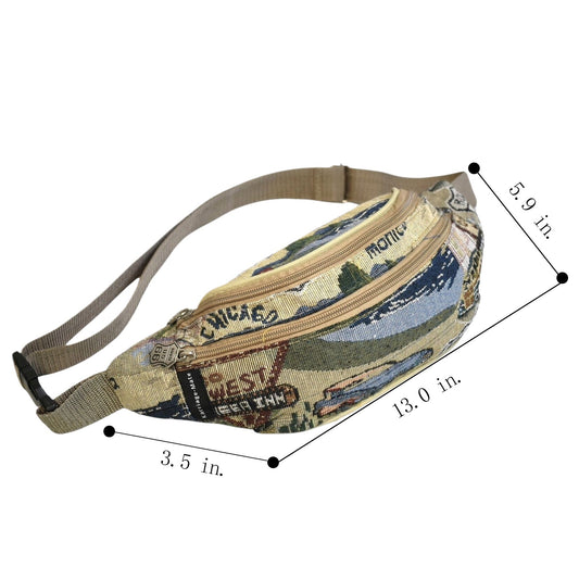 Waist Bag Route 66 Tapestry Canvas Pack with Front Zipper Pocket and Adjustable Multi-Way Strap